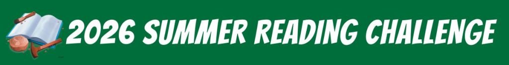 Banner for the "2026 Summer Reading Challenge" featuring an open blue book, a pencil, and a green background.
